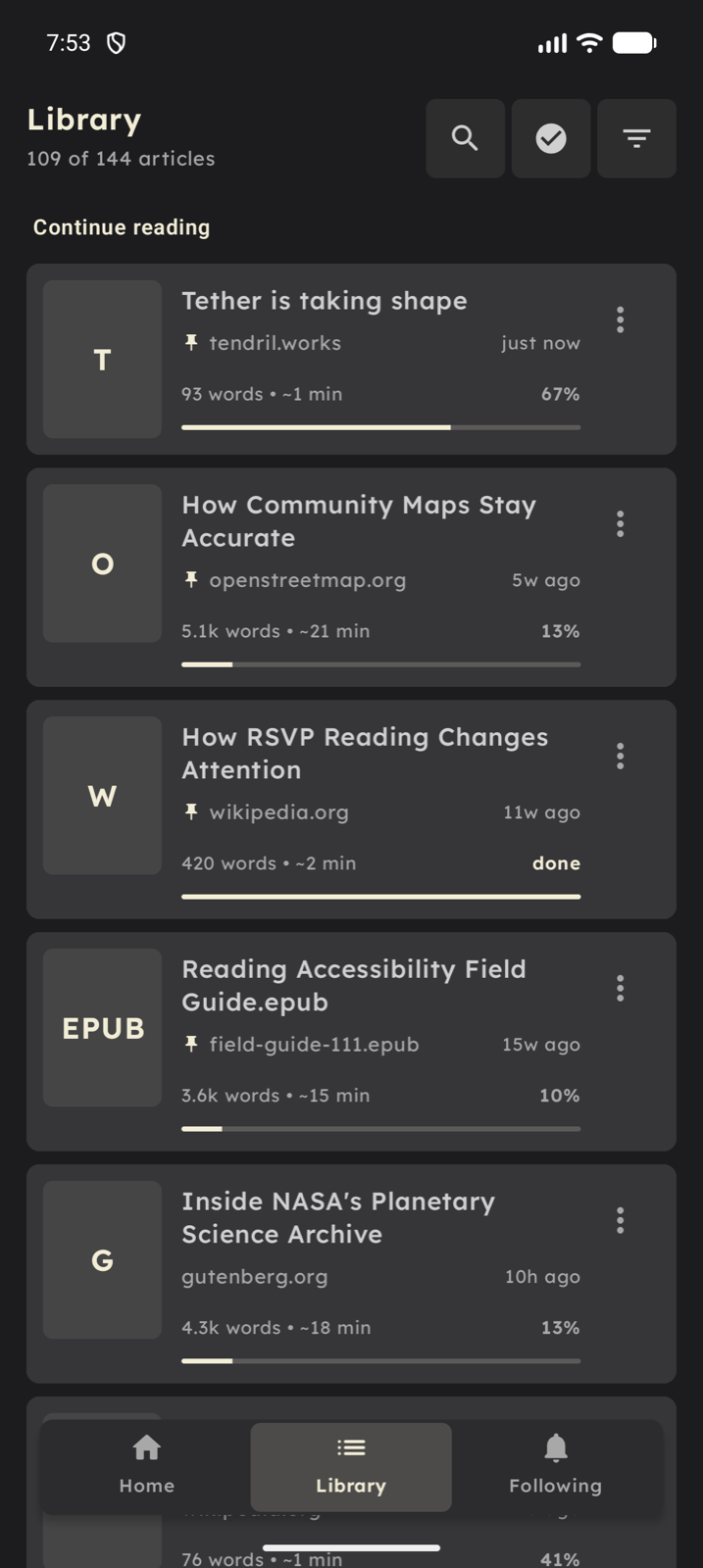 Tether library showing saved articles and EPUBs with reading progress