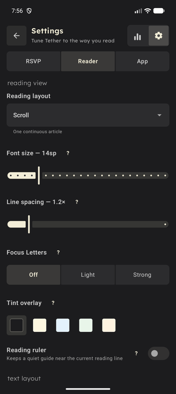 Tether reader settings with layout, typography, focus letters, tint, and reading ruler controls