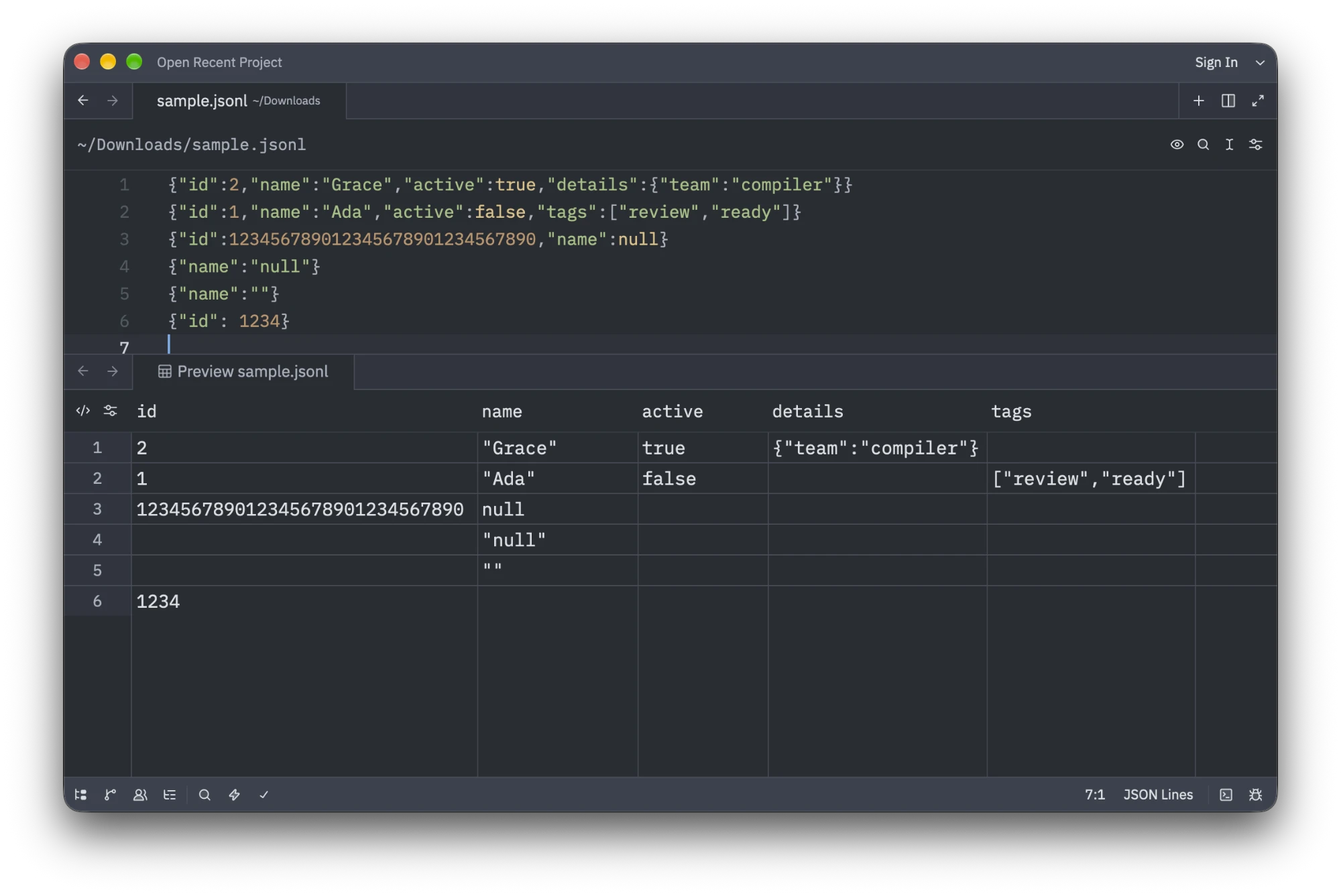 Zed with a sample.jsonl file open above its table preview. Six records become columns id, name, active, details and tags; a 30-digit id stays unrounded, nested values show as compact JSON, and null, the string null and an empty string appear as different cells.